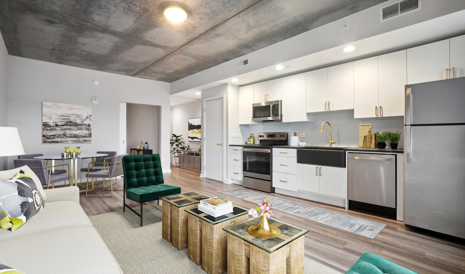 Gorgeous living areas to entertain and enjoy a kitchen with a couch and a table