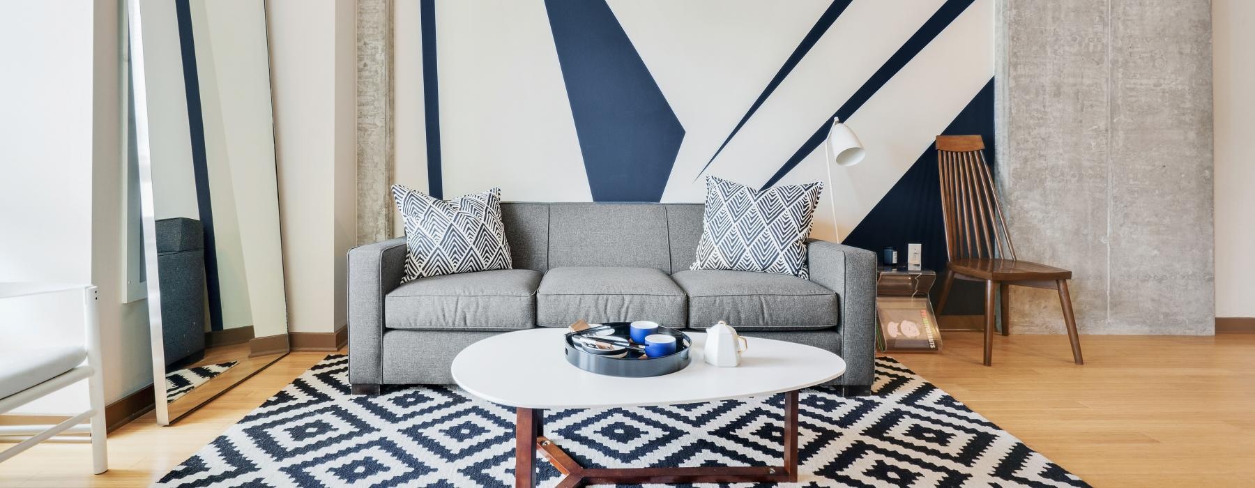 a living room with a couch and a coffee table