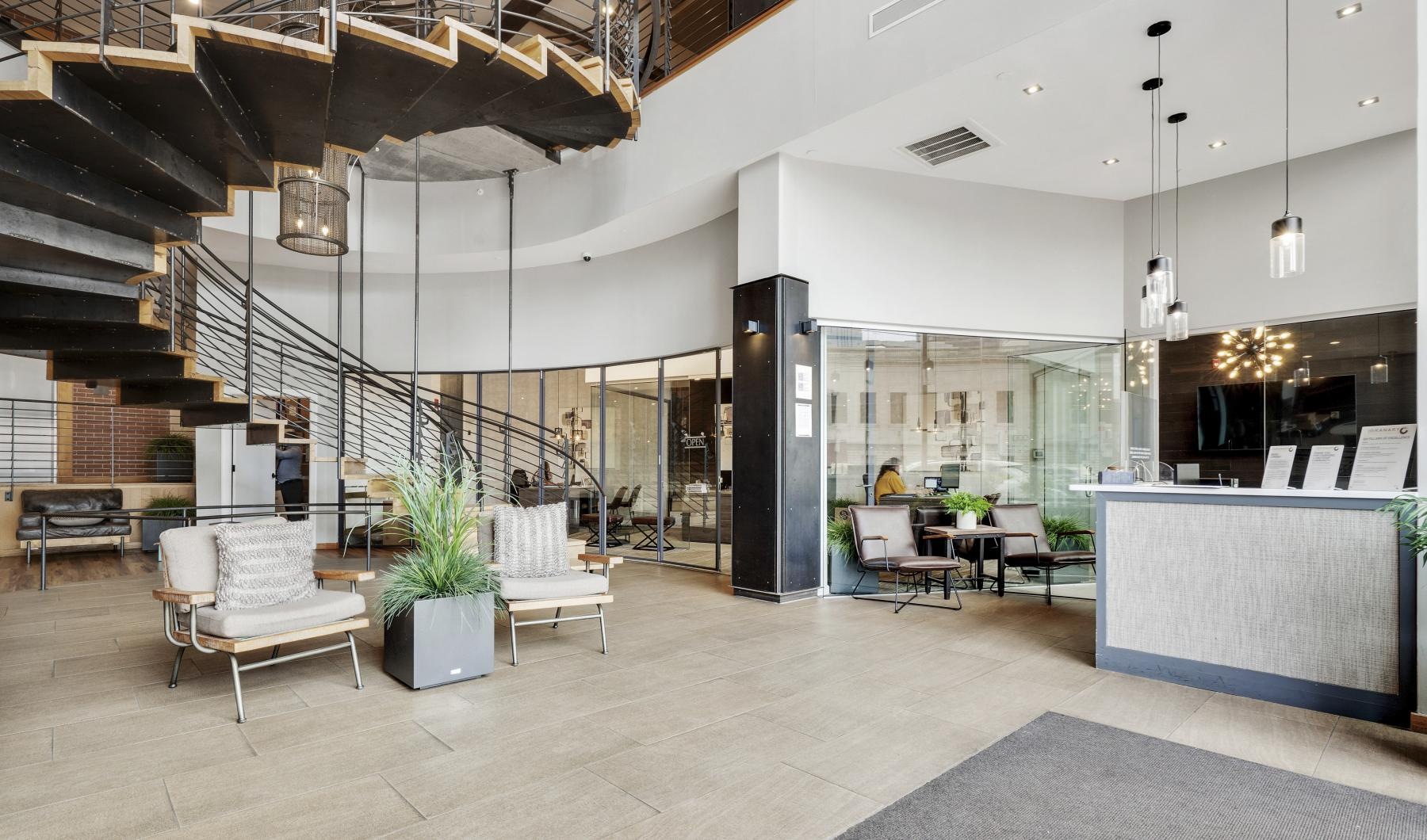 Main lobby of The Granary luxury apartments in Philadelphia